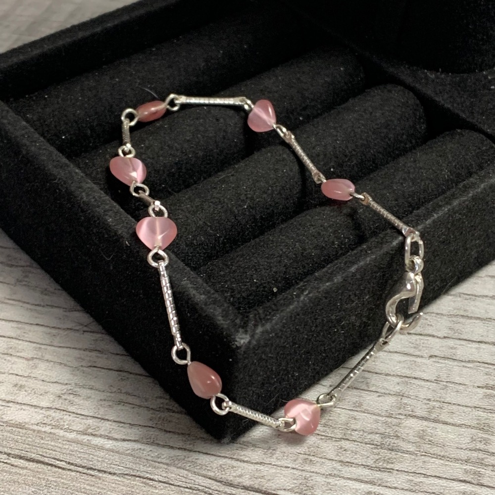 Silver Tone Pink Cats Eye Heart Link Bracelet 7 Inch 5209